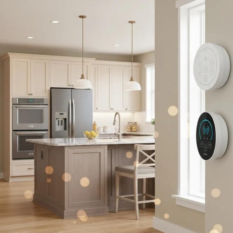 Modern water heater thermostat in a home kitchen setting