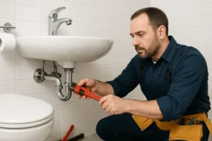 Plumber repairing bathroom sink drain with adjustable wrench in residential setting, emphasizing professional plumbing services in Fresno County, CA.