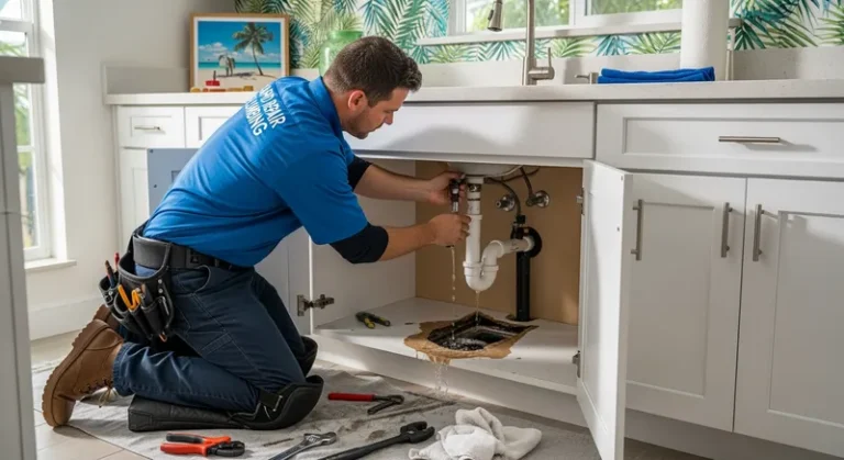 an image of a professional plumber repairing a burst pipe in a Fresno kitchen, emphasizing emergency plumbing services