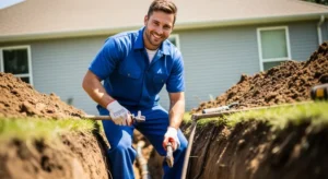 Plumber smiling while working on a sewer line repair in a dug trench, showcasing expertise and commitment to quality plumbing services in Fresno County, CA.