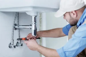 Plumber repairing sink plumbing under a white basin, showcasing expertise in emergency plumbing services for Miami Dade, Florida residents