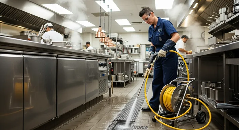 plumber using hydro-jetting machine for drain cleaning in a commercial kitchen