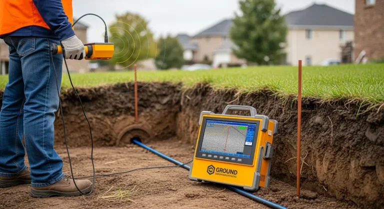plumbing technician using ground penetrating radar to locate underground sewer line in a residential area
