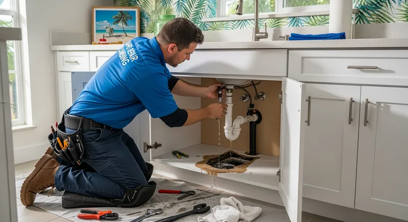 an image of a professional plumber repairing a burst pipe in a Miami-Dade kitchen, emphasizing emergency plumbing services