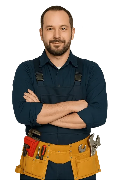 Professional plumber with tools in a utility belt, showcasing expertise in plumbing services for emergency repairs and installations